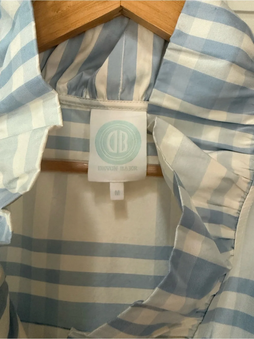Devon Baer Silk Light Blue Plaid Ruffle-Trim Tunic Beautiful for a summer party - Picture 2 of 8